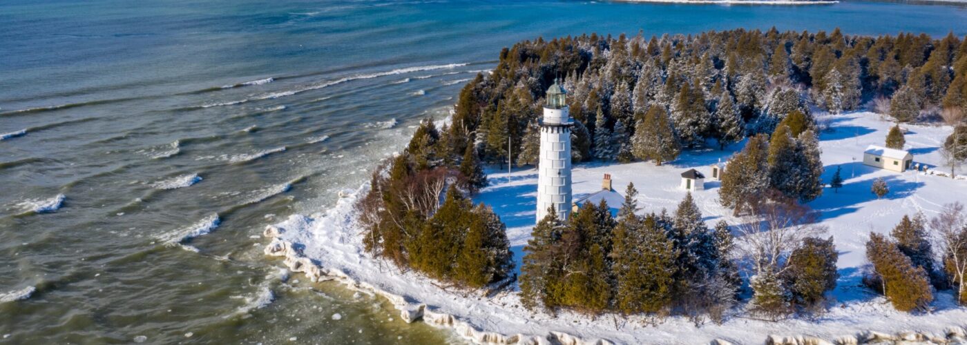 Aerial view of Cana Island Lighthouse by water in Door County, Wisconsin, United States