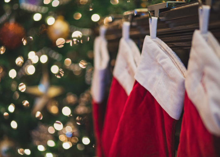 Stockings hung on a fireplace with a Christmas tree in the background