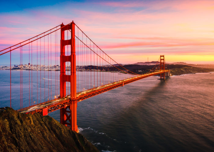 The Golden Gate bridge at sunset