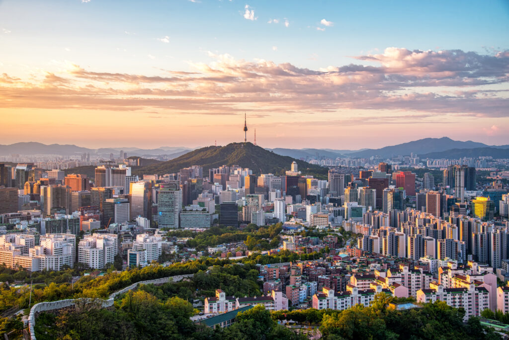 Skyline of Seoul, South Korea at sunset