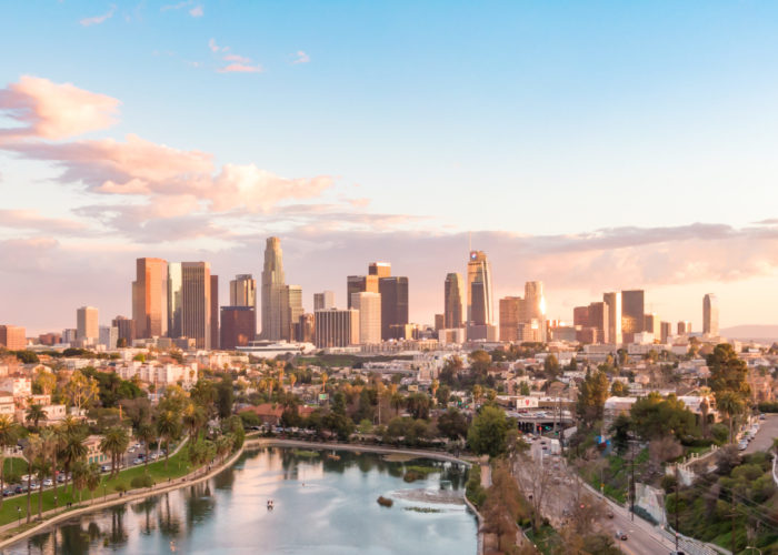 Los Angeles skyline on a sunny day as seen from a distance