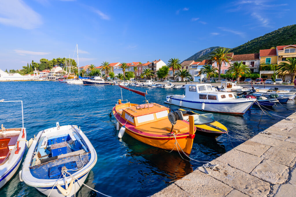 Fishing boats docked in the Harbor of Trpanj on the Peljesac Peninsula in  Croatia