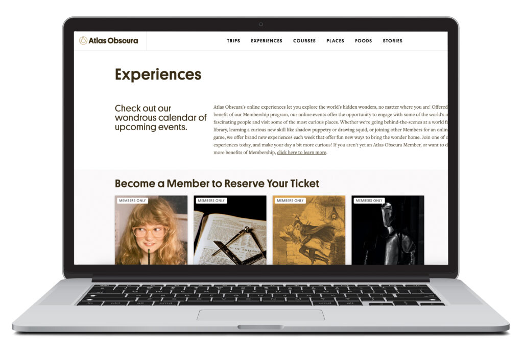 Laptop showing the homescreen of Atlas Obscura, a ticket and excursion booking website