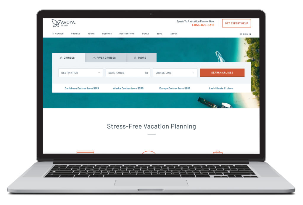 Laptop showing the cruise search homepage of Avoya Travel