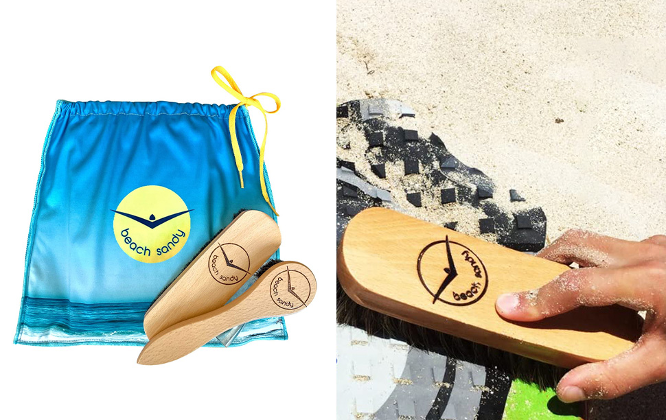 Beach Sandy Sand Remover with carrying case (left) and person using the Beach Sandy Sand Remover (right)