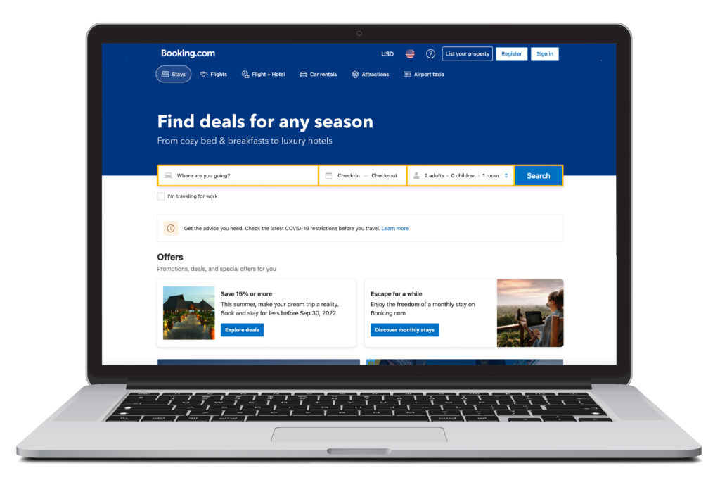 Digital rendering of a laptop showing the homepage of Booking.com