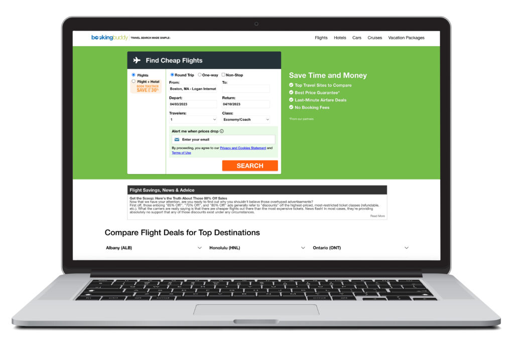 Open laptop showing flight search homescreen for BookingBuddy
