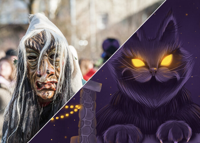 Perchta, a holiday with from German and Austrian folklore (left) and the Yule Cat, a large cat that arrives during Christmastime in Icelandic folklore (right)