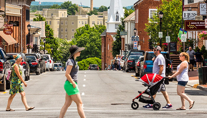 People walking around downtown Lexington, Virginia, United States on a sunny day