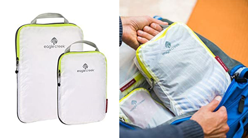 Two sizes of the Eagle Creek packing cubes (left) and person using the large Eagle Creek packing cube to pack suitcase (right)