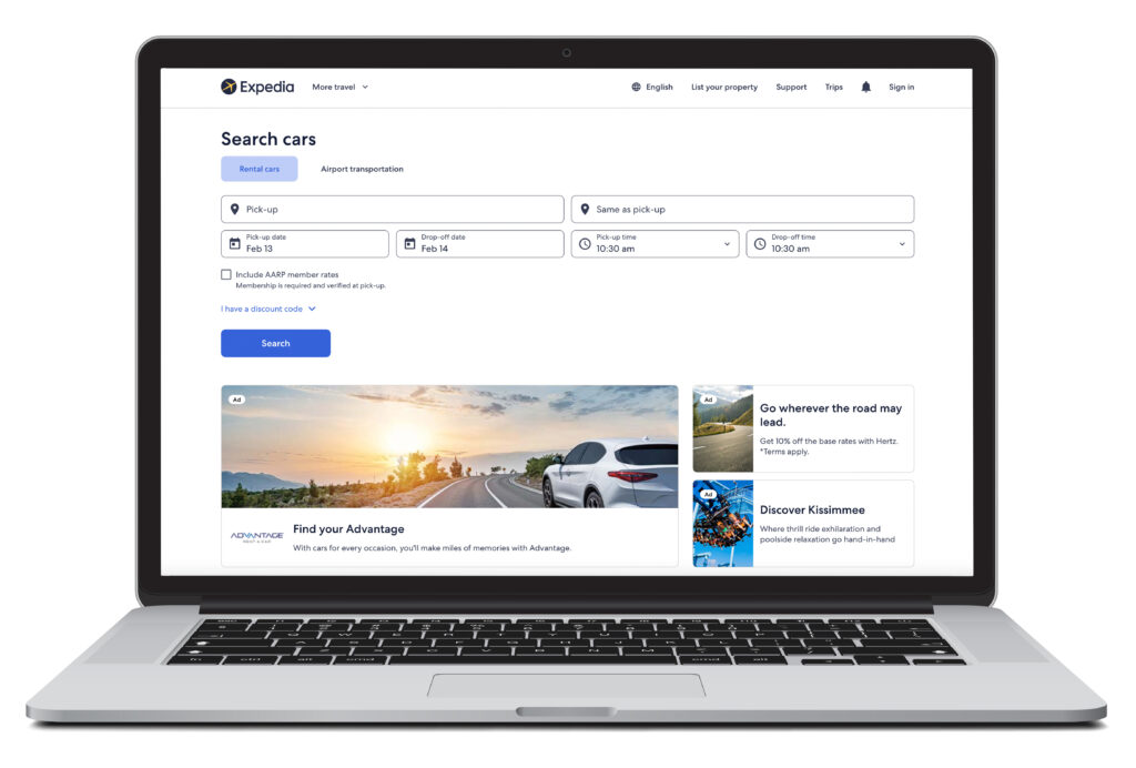 Illustration of laptop showing the car rental homepage of Expedia