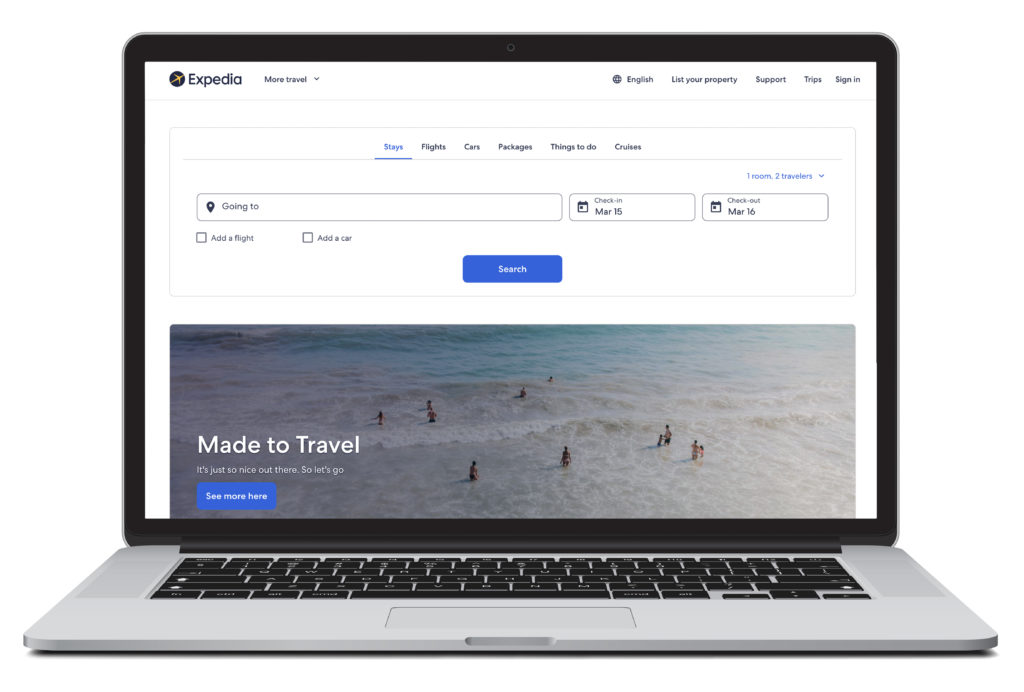 Open laptop showing home screen of Expedia, a site where you can make hotel reservations