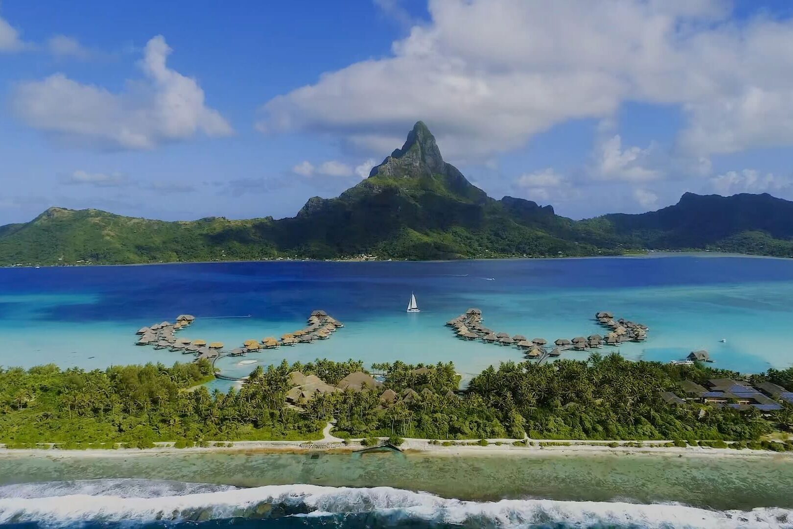 Aerial view of the overwater bungalows at InterContinental Bora Bora Resort & Thalasso Spa in Motu Piti Aau, French Polynesia