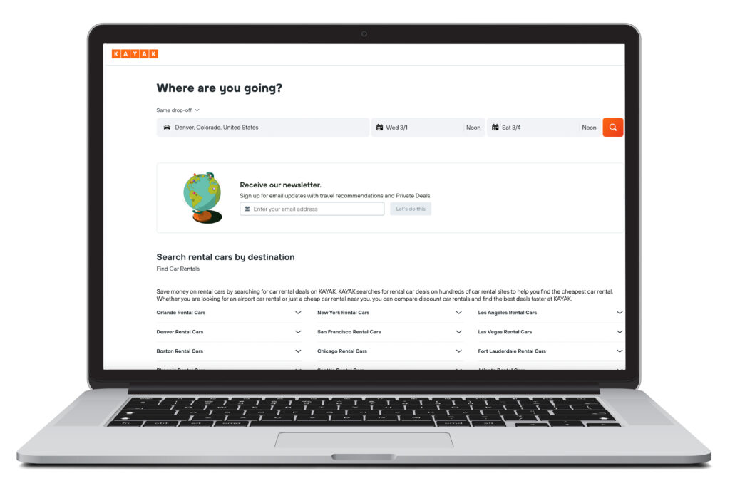Illustration of laptop showing the car rental homepage of Kayak
