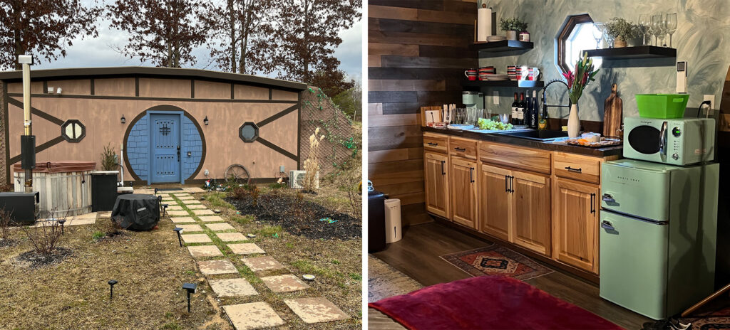 Interior and exterior of Hobbit-inspired lodging at Magical Earth Retreat in Hocking Hills, Ohio, United States