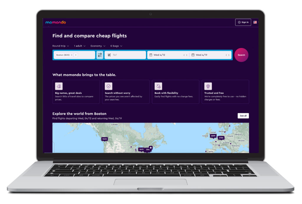 Open laptop showing flight search homescreen for Momondo
