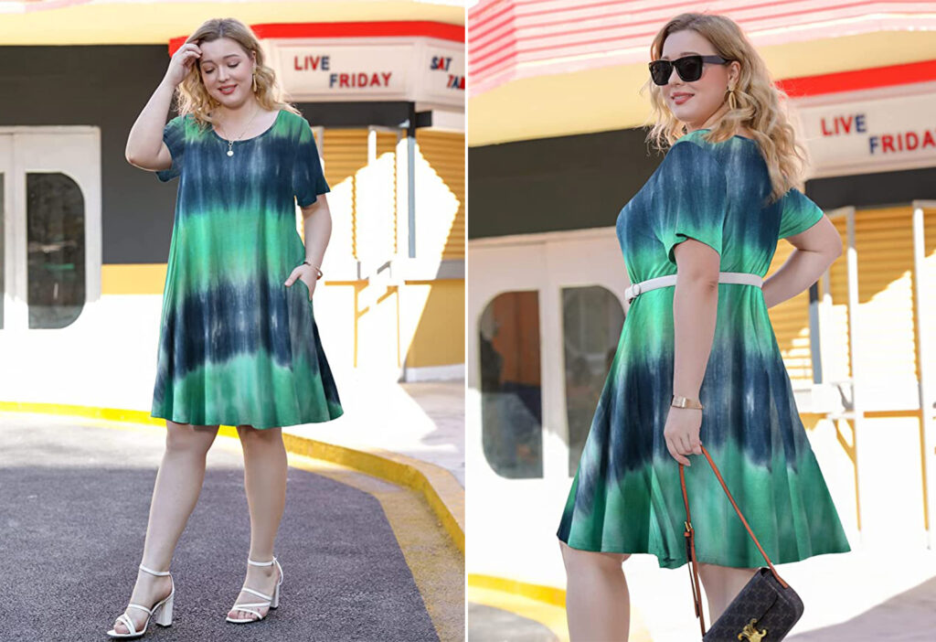 Model showing two angles of the JollieLovin Women's T-Shirt Dress in blue and green tie dye