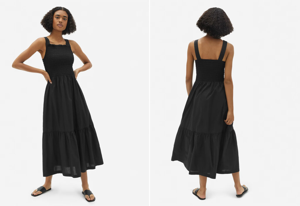 Model showing two angles of the Everlane The Smock Dress in black