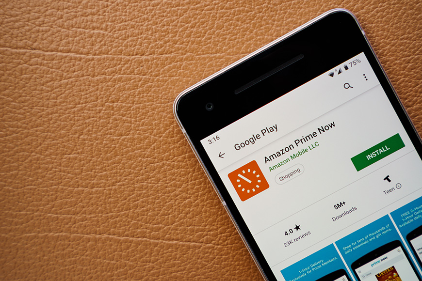 Amazon prime now app on smartphone screen close-up