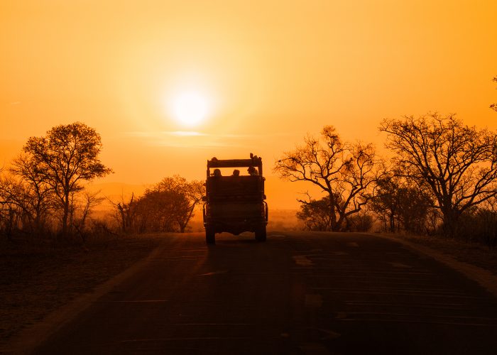 Silhouette of safari vehicle against sunset