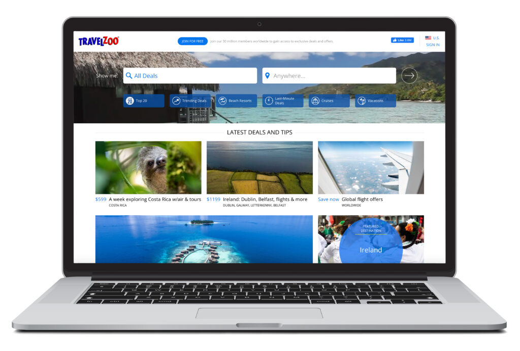 Open laptop showing flight search homescreen for Travelzoo