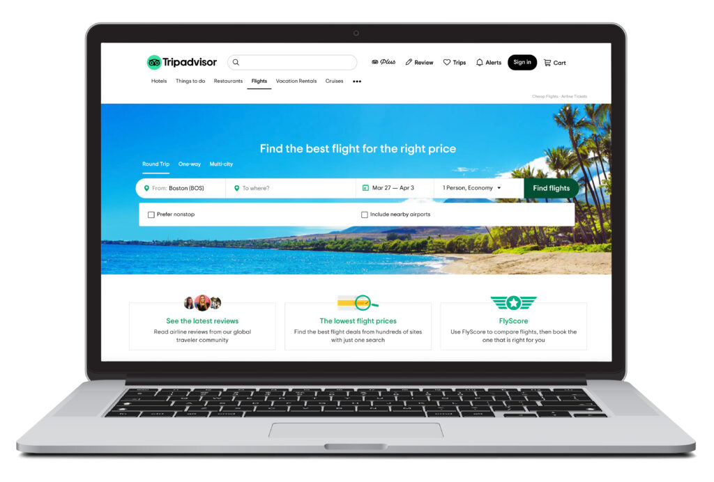 Open laptop showing flight search homescreen for Tripadvisor Flights