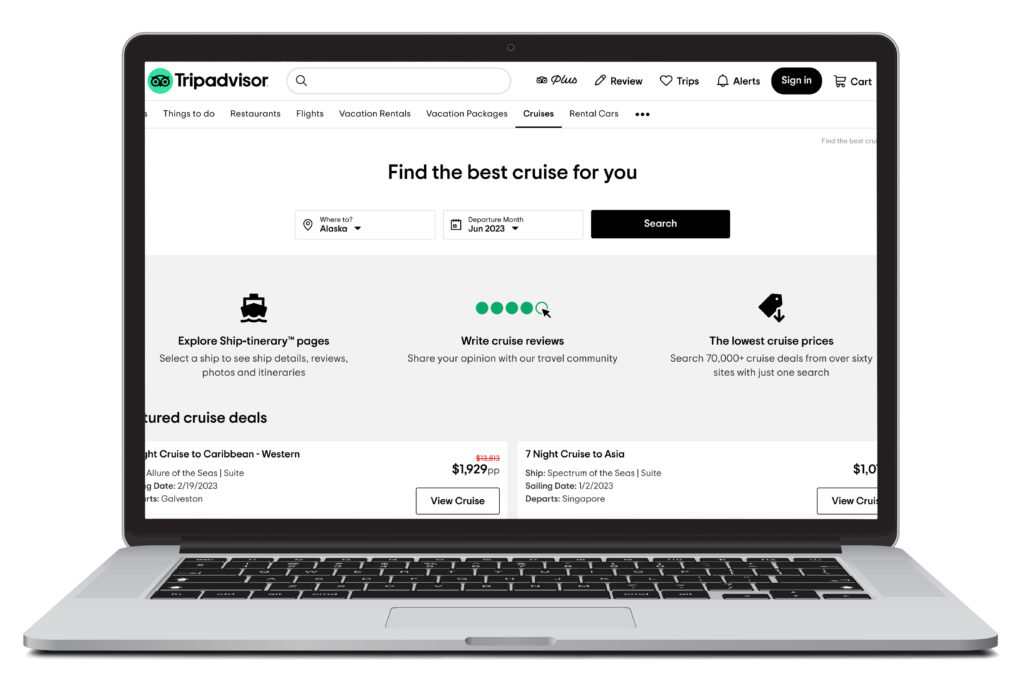 Laptop showing the cruise search homepage of Tripadvisor