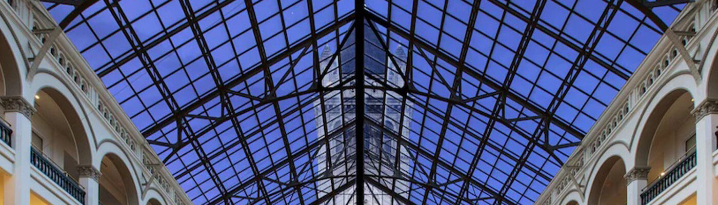 View out the glass ceiling at Waldorf Astoria, Washington DC