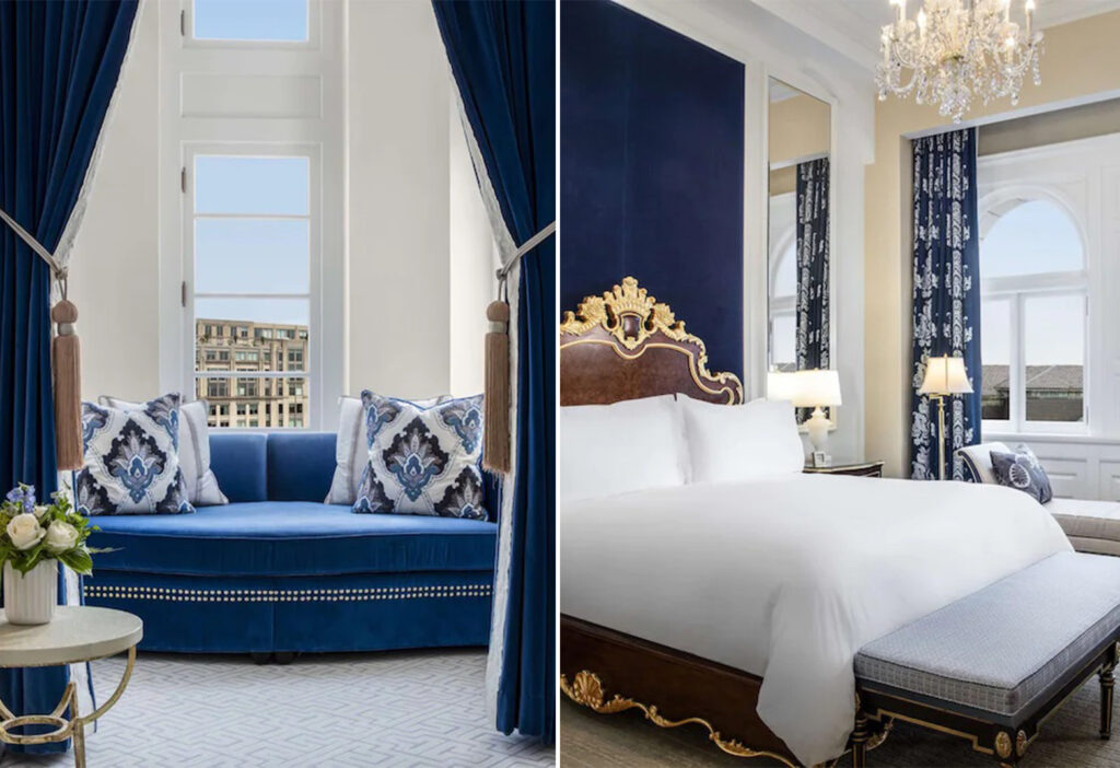 Sitting area and bedroom in guest accommodations at the Waldorf Astoria, Washington DC