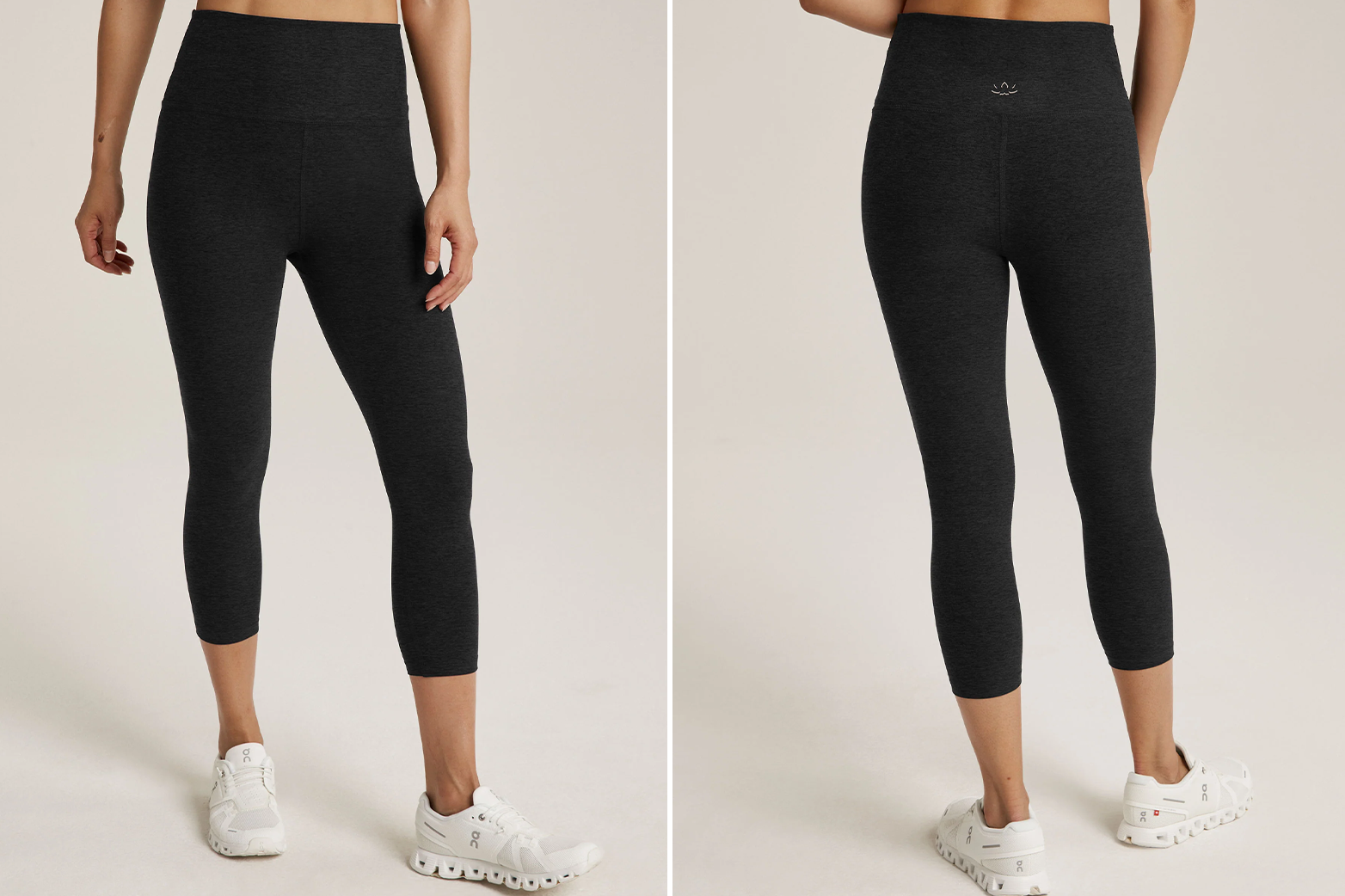 Female modeling Spacedye Walk And Talk High-Waisted Capri Legging in black with cream sneakers