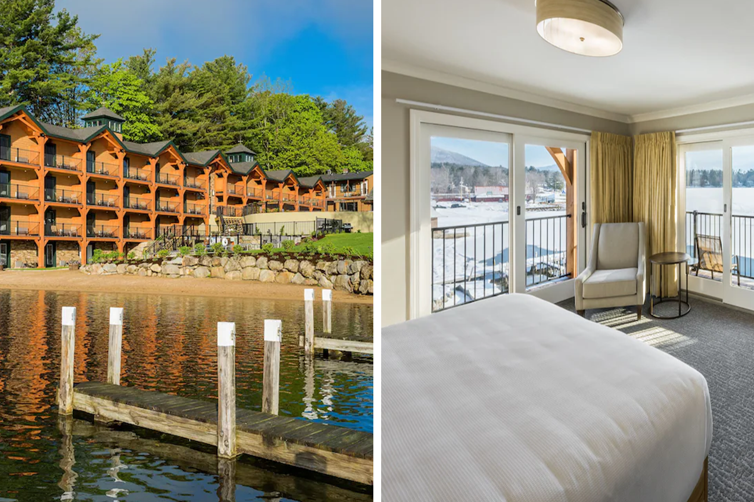 Center Harbor Inn exterior on left, Center Harbor Inn room on right.