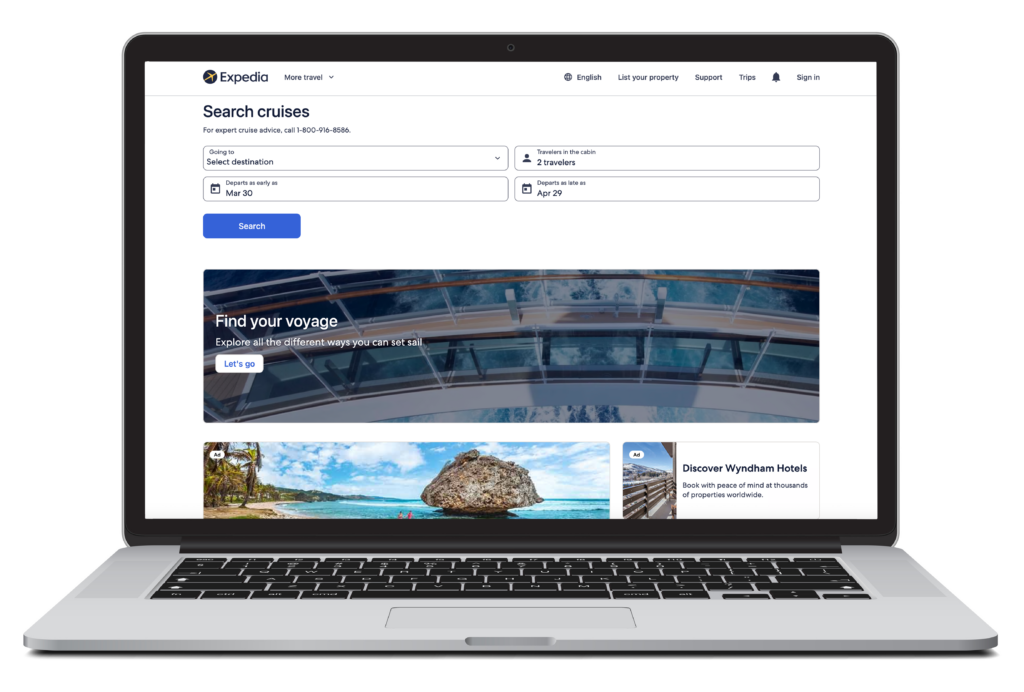 Laptop showing the cruise search homepage of Expedia