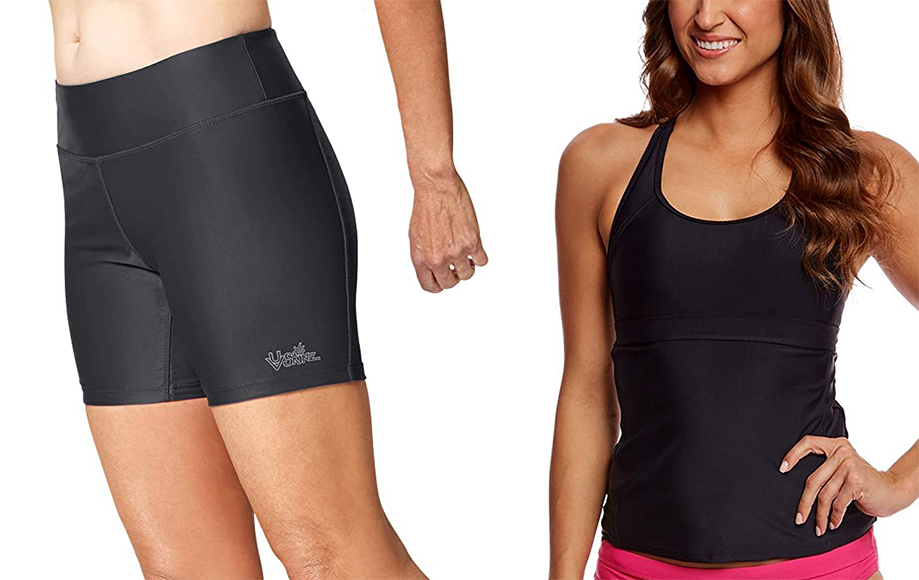 UV SKINZ Active Swim Shorts (left) and AdoreShe Racerback Tankini top (right)